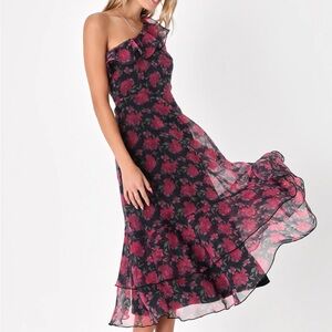 Sweet Romantic Black Floral Print Organza One-Shoulder Dress